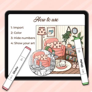 Puede incluir: Tutorial de arte digital en una pantalla de tableta, con una acogedora escena de sala de estar con un gato, libros y un reloj. Las instrucciones son: Importar, Colorear, Ocultar n&uacute;meros y Mostrar tu arte. Se muestran dos marcadores Ohuhu, uno con punta rosa y otro con punta verde.