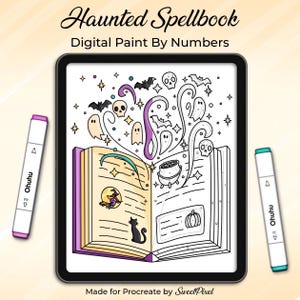 May include: A digital paint by numbers activity titled Haunted Spellbook displayed on a tablet screen. The illustration features an open book with a witch, cat, pumpkin, cauldron, ghosts, skulls, and bats, flanked by two Ohuhu markers.