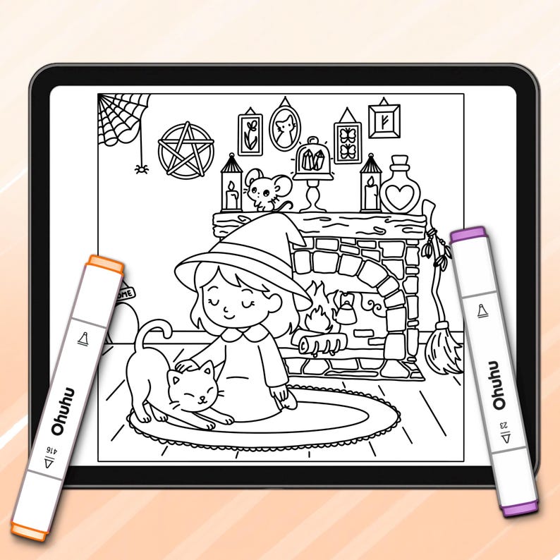 May include: A digital colouring page on a tablet depicting a witch with a cat, a fireplace, and Halloween decorations. Two Ohuhu markers, orange and purple, are positioned on either side. The colouring page is black and white.