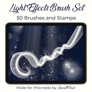 May include: A digital art product displayed on a tablet. The image features the text "Light Effects Brush Set" and "50 Brushes and Stamps." A glowing white light effect swirls across a dark blue background with white sparkles. Made for Procreate by SweetPixel.