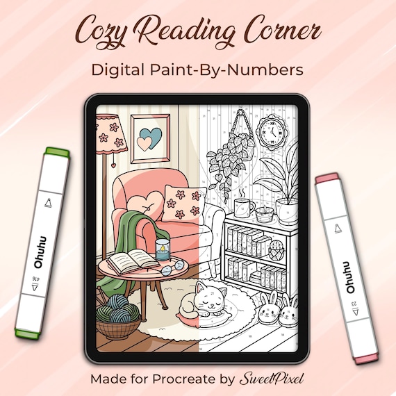 Procreate Paint By Numbers – Cozy Reading Corner Coloring Page + Color Palette