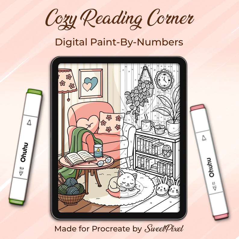 Puede incluir: Imagen digital de pintar por n&uacute;meros en una tableta, que representa un rinc&oacute;n de lectura acogedor con un sill&oacute;n rosa, un gato y una estanter&iacute;a. Dos rotuladores Ohuhu flanquean la tableta. El texto dice "Cozy Reading Corner" y "Digital Paint-By-Numbers."