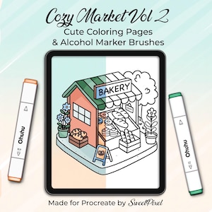 May include: Digital art product featuring a bakery illustration on a tablet screen, with two Ohuhu alcohol markers. The bakery is in a cartoon style, with a green roof, pink walls, and a sign that says "Bakery". The text "Cozy Market Vol 2" is at the top.