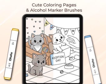 Set di pennelli e pennarelli ad alcol Procreate, pagine da colorare Sweet Whiskers, download digitale