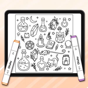 May include: A black tablet shows a black and white line art colouring page with magical and mystical elements. The page includes potion bottles, crystals, an owl, a cat, and a pentagram. Two Ohuhu markers, orange and purple, are positioned on either side.