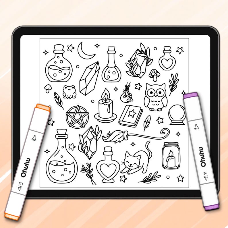 May include: A black tablet shows a black and white line art colouring page with magical and mystical elements. The page includes potion bottles, crystals, an owl, a cat, and a pentagram. Two Ohuhu markers, orange and purple, are positioned on either side.