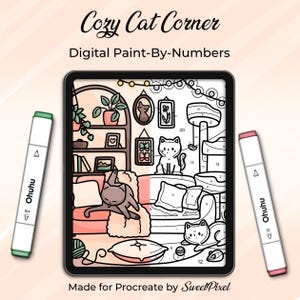 Procreate Color By Numbers Coloring Page, Cozy Cat Corner for iPad, Cute Cat Coloring Page with Color Palette