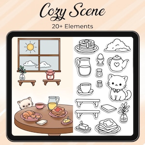 May include: Digital illustration of a cozy scene with a cat, breakfast items, and a window. The image includes a table with food, a window with a sun, and various other elements. Text at the top reads "Cozy Scene" and "20+ Elements".