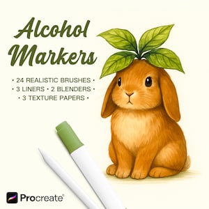 May include: An illustration of a brown bunny with green leaves on its head, next to two alcohol markers. The text reads "Alcohol Markers" and lists features: 24 realistic brushes, 3 liners, 2 blenders, and 3 texture papers. The Procreate logo is in the bottom left.