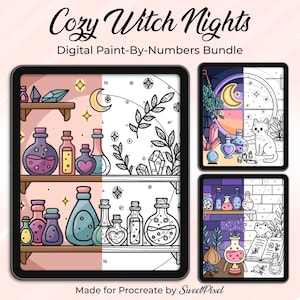 May include: A digital paint-by-numbers bundle titled Cozy Witch Nights, featuring three tablet screens displaying illustrations of potion bottles, crystals, a cat, and a frog, with each image split between a colored side and a numbered line art side.