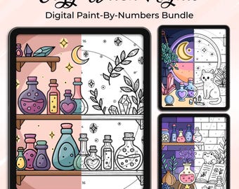 Procreate Paint By Number Bundle – Cozy Witch Nights Coloring Pages (Digital PBN for IPad)