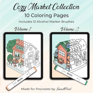 May include: Digital art bundle featuring a "Cozy Market Collection" with 10 coloring pages and 12 alcohol marker brushes. Includes illustrations of a cafe and bakery. The image also shows two Ohuhu markers. Made for Procreate by Sweet Pixel.