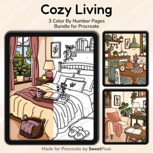 Może przedstawiać: Cyfrowy zestaw trzech stron do kolorowania według numerów dla Procreate pod tytułem Cozy Living. Obrazy przedstawiają sceny wnętrz, w tym sypialnię z łóżkiem i koszem, kuchnię ze stołem jadalnym oraz salon z fotelem i stolikiem kawowym.