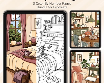 Pacchetto Procreate Color by Numbers: 3 pagine da colorare a tema soggiorno accogliente