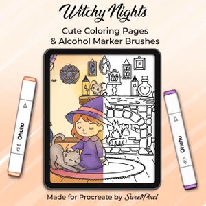 Juego de pinceles marcadores de alcohol para Procreate: páginas para colorear de Noches de Brujas (descarga digital)