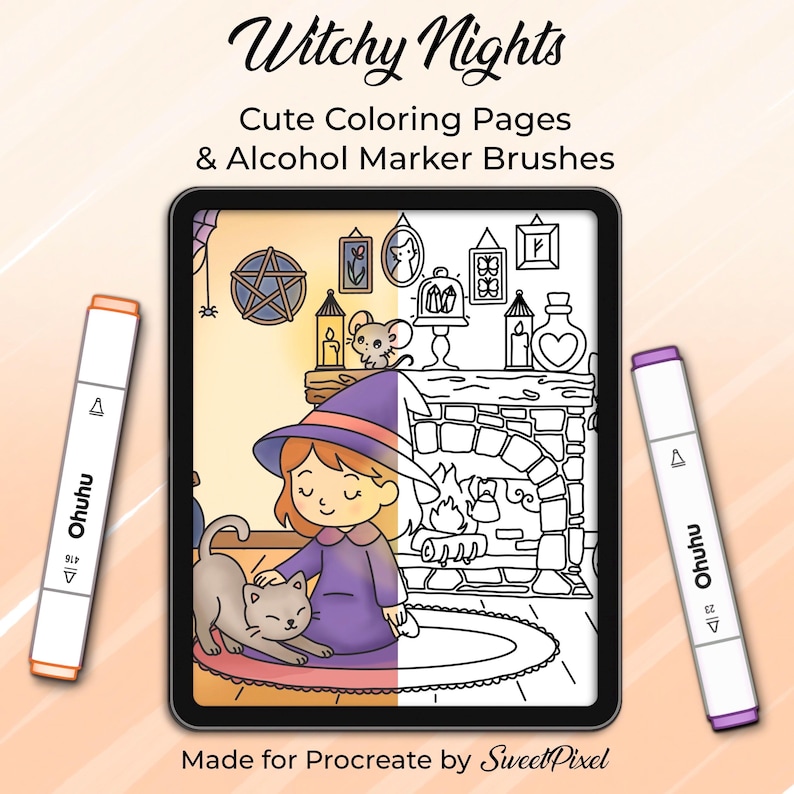 Procreate Alcohol Marker Brush Set, Witchy Nights Coloring Pages (Digital Download) image 1
