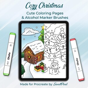 May include: A digital illustration of a Christmas scene with a snow-covered cabin, Christmas trees, and a snowman. The image is on a tablet, with two Ohuhu markers on either side. Text reads "Cozy Christmas" and "Cute Coloring Pages & Alcohol Marker Brushes."