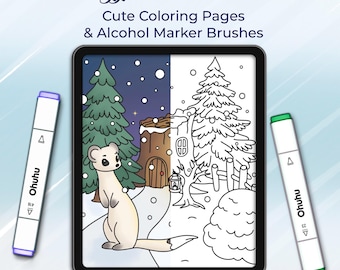 Procreate Alcohol Marker Brush Set, Cozy Winter Coloring Pages, Digital Download