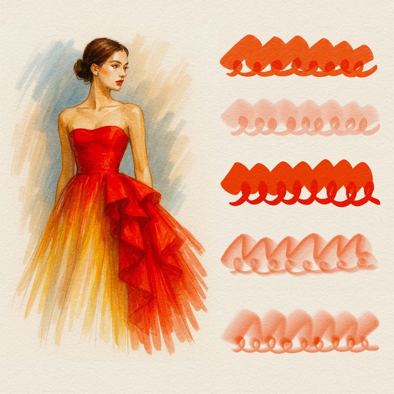Op de afbeelding: Waterverfillustratie van een vrouw in een strapless rode en gele ombre jurk. De jurk heeft een gelaagde, gerimpelde rok. Verschillende stalen van oranje en roze penseelstreken staan rechts van de vrouw.
