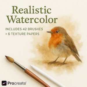 May include: A digital art graphic with the text "Realistic Watercolour" and "Includes 42 Brushes + 6 Texture Papers." The image features a watercolour painting of a bird, a paintbrush, and a stylus. The Procreate logo is in the bottom left corner.