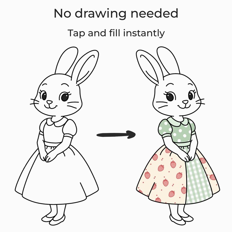 K&ouml;nnte beinhalten: Illustration eines H&auml;schens in einem Kleid. Das Bild zeigt eine Vorher-Nachher-Transformation. Der Text oben lautet "Kein Zeichnen erforderlich" und "Tippen und sofort ausf&uuml;llen". Das H&auml;schen links ist eine Strichzeichnung, und das H&auml;schen rechts ist farbig.