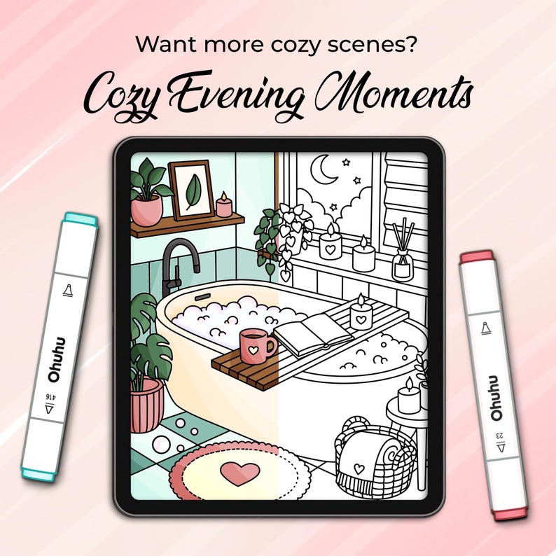 Puede incluir: Ilustraci&oacute;n digital de una escena de ba&ntilde;o acogedora con una ba&ntilde;era, velas y plantas. El texto "Cozy Evening Moments" se muestra encima de la ilustraci&oacute;n. Dos rotuladores Ohuhu est&aacute;n a cada lado de la imagen.