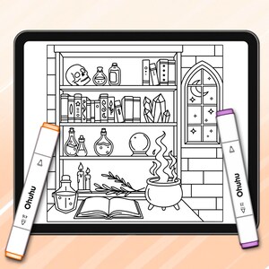 May include: A digital illustration of a witch's bookshelf with potion bottles, a skull, and a cauldron. The image is on a tablet, with two Ohuhu markers in the foreground. The markers are white with orange and purple tips.
