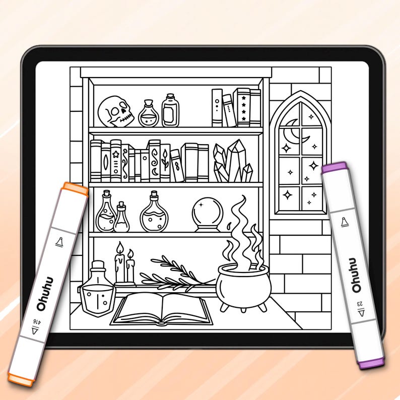 May include: A digital illustration of a witch's bookshelf with potion bottles, a skull, and a cauldron. The image is on a tablet, with two Ohuhu markers in the foreground. The markers are white with orange and purple tips.