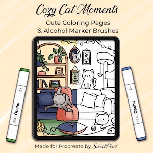 Cozy Cat Coloring Pages, Procreate Alcohol Marker Brushes (Instant Download)