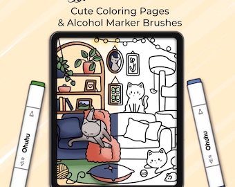 Dibujos para colorear de gatos acogedores, pinceles con marcadores de alcohol para Procreate (descarga instantánea)