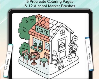 Pagine da colorare per Procreate + 12 pennelli a pennarello a base alcolica / Kit di colorazione digitale accogliente / 5 pagine da colorare per iPad