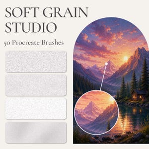 May include: A digital product display featuring the text SOFT GRAIN STUDIO 50 Procreate Brushes. Four light grey rectangular swatches are on the left. On the right, an arched illustration shows a mountain landscape at sunset with a cabin.