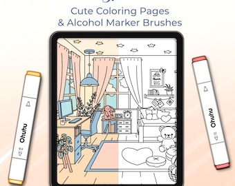 Set di pennelli e pennarelli ad alcol Procreate, pagine da colorare di interni da sogno, download digitale