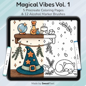 Procreate Coloring Pages: 5 Witchy Designs + 12 Alcohol Marker Brushes, Magical Vibes Vol. 1