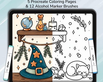Pagine da colorare per Procreate: 5 disegni da strega + 12 pennelli per pennarelli a base alcolica, Atmosfera magica Vol. 1