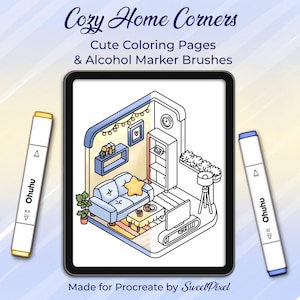 Op de afbeelding: Digitale illustratie van een gezellige interieurscène met een blauwe bank, sterrenkussen en salontafel. De afbeelding staat op een tablet, met twee Ohuhu alcoholmarkers. Tekst luidt "Cozy Home Corners" en "Cute Coloring Pages & Alcohol Marker Brushes."