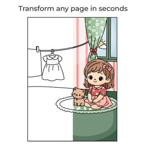 K&ouml;nnte beinhalten: Ausmalbild-Illustration eines kleinen M&auml;dchens in einem rosa Kleid mit Schleife, das mit einer Katze auf einem Teppich sitzt. Ein Kleid h&auml;ngt an einer W&auml;scheleine, und der Text "Transform any page in seconds" steht oben.