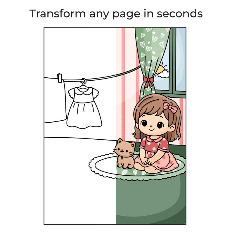 K&ouml;nnte beinhalten: Ausmalbild-Illustration eines kleinen M&auml;dchens in einem rosa Kleid mit Schleife, das mit einer Katze auf einem Teppich sitzt. Ein Kleid h&auml;ngt an einer W&auml;scheleine, und der Text "Transform any page in seconds" steht oben.