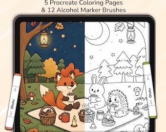 Pagine da colorare per Procreate: 5 disegni autunnali + 12 pennelli per pennarelli a base alcolica, accoglienti notti d'autunno