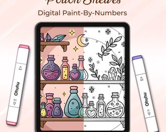 Potion Shelves Procreate Paint By Number – Coloring Page (Digital Download)