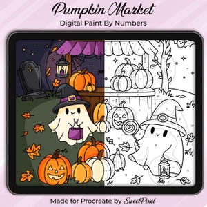 May include: A digital paint by numbers file titled Pumpkin Market, displayed on a tablet screen. The image is split into a colored side featuring a ghost in a witch hat with pumpkins and a tombstone, and a line art side with numbered sections.