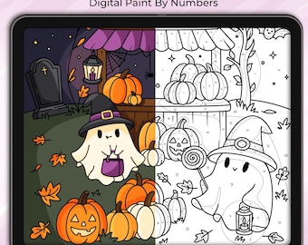 Disegno di Halloween da colorare con i numeri per Procreate, pagina da colorare digitale a tema mercato delle zucche, libro da colorare spettrale e stregonesco, download immediato.