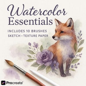 Peut inclure: Ensemble d'art numérique 'Watercolor Essentials' avec une illustration de renard, des fleurs violettes et des pinceaux. Comprend 10 pinceaux, un croquis et du papier texturé. Le logo Procreate est visible.