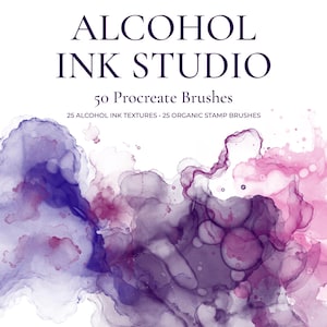 以下が含まれることがあります： ALCOHOL INK STUDIO、50 Procreate Brushes、25 ALCOHOL INK TEXTURES、25 ORGANIC STAMP BRUSHESというテキストが記載されたデジタル画像。テキストの下には、紫、バイオレット、ピンクの色合いで描かれた水彩画風の抽象的なデザインが配置されています。