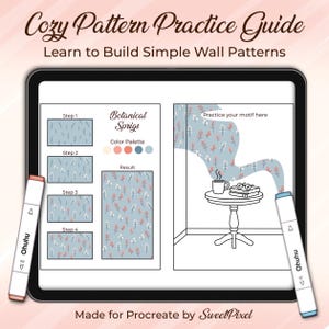 May include: A digital art tutorial on a tablet, featuring a "Cozy Pattern Practice Guide" with "Botanical Sprigs" designs. Includes color palettes, step-by-step instructions, and a practice area. Two Ohuhu markers frame the tablet.