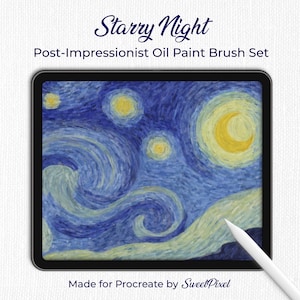 May include: A digital art image of Van Gogh's "Starry Night" painting displayed on a tablet. The image features swirling blue and yellow brushstrokes, with a crescent moon and stars. The text "Starry Night" and "Post-Impressionist Oil Paint Brush Set" are displayed.