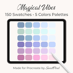 May include: A digital tablet shows a colour palette with 150 swatches in 5 colour palettes. The text "Magical Vibes" is at the top, with "Made for Procreate by SweetPixel" at the bottom. A white stylus rests on the screen.
