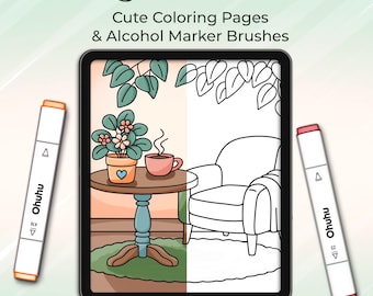 Procreate Alcohol Marker Brushes, Self Care Coloring Pages, Quiet Moments, 5 Pages (Digital Download)