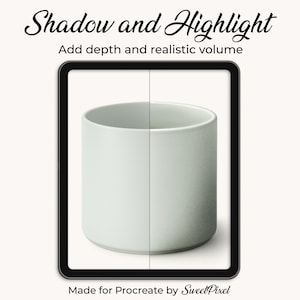 May include: A white ceramic mug with a shadow and highlight effect, displayed on a tablet screen. The text "Shadow and Highlight" and "Add depth and realistic volume" are at the top. The bottom text reads "Made for Procreate by SweetPixel."