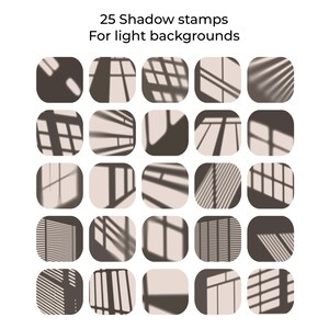 May include: A collection of 25 shadow stamp designs for light backgrounds. Each stamp is a square with rounded corners, featuring various window and blind shadow patterns in shades of brown and beige. The text "25 Shadow stamps For light backgrounds" is at the top.